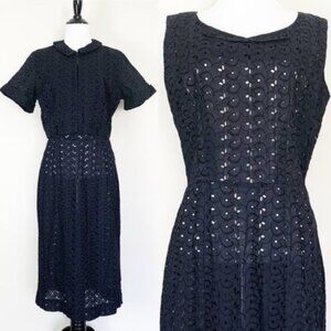 Vintage 50s Black Eyelet Sleeveless Dress & Bolero Jacket Set Cay Artley Medium